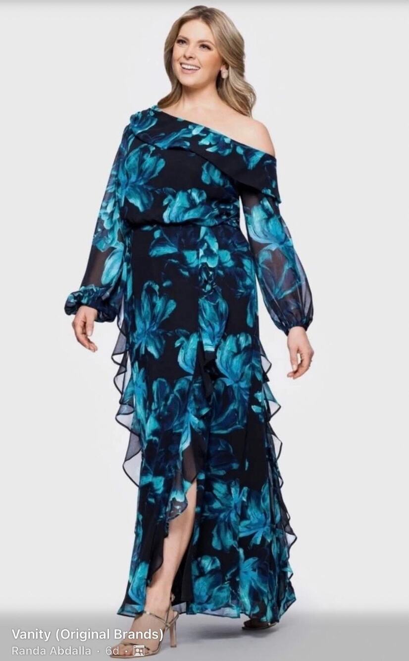 XSCAPE Blue Evening Gown Floral Chiffon Ruffled One Shoulder Maxi Dress Size 16W